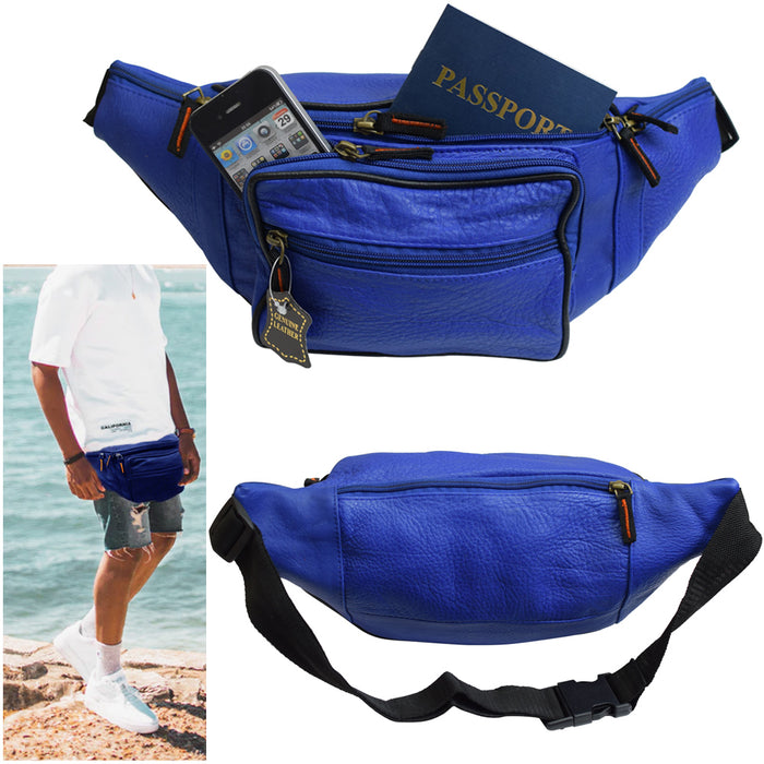 Mens Genuine Leather Fanny Pack Large Waist Belt Bag Organizer Unisex Royal Blue