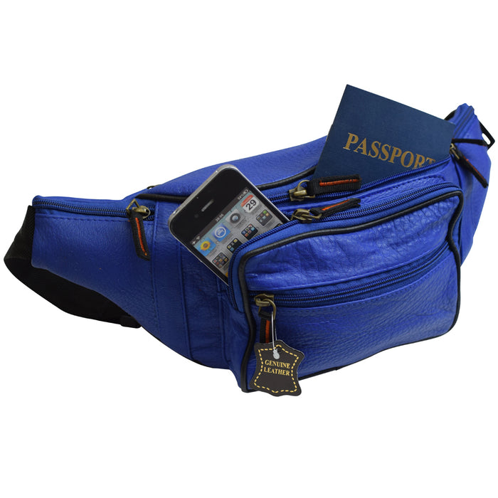 Mens Genuine Leather Fanny Pack Large Waist Belt Bag Organizer Unisex Royal Blue