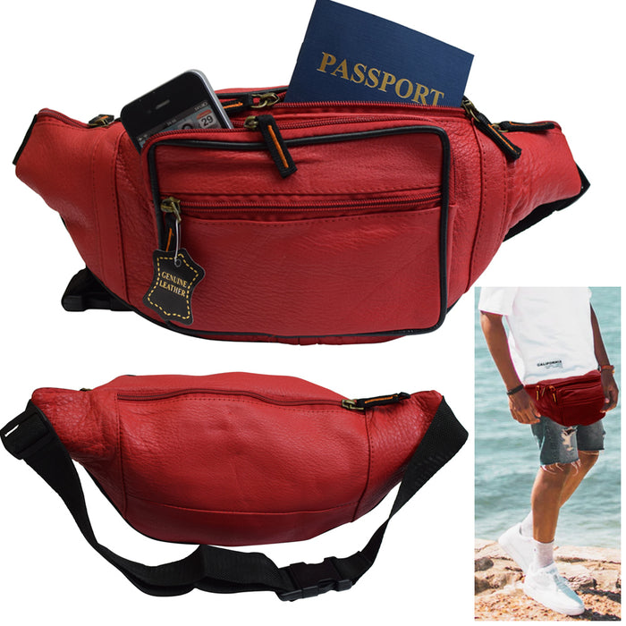 Mens Genuine Leather Fanny Pack Large Waist Belt Bag Organizer Women Unisex Red