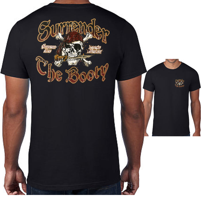 Jolly Roger Skull Pirate Surrender The Booty T-shirt Mens Graphic Tee Top Blk L