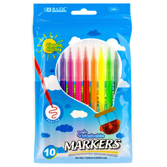 10 Pc Classic Color Markers Brilliant Assorted Colors Fine Tip Line Washable New