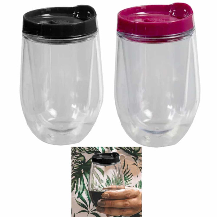 2 Pc Double Wall Stemless Glassware Wine Glass W/ Lid Seal Cup Storage Insulated