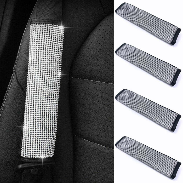 4 PCS Silver Crystal Car Seat Belt Shoulder Pad Cover Interior Cushion Accessory
