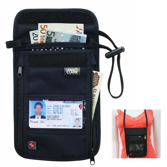 RFID Passport Holder Neck Stash Travel Pouch Id Wallet Bag Lewis N Clark Black !