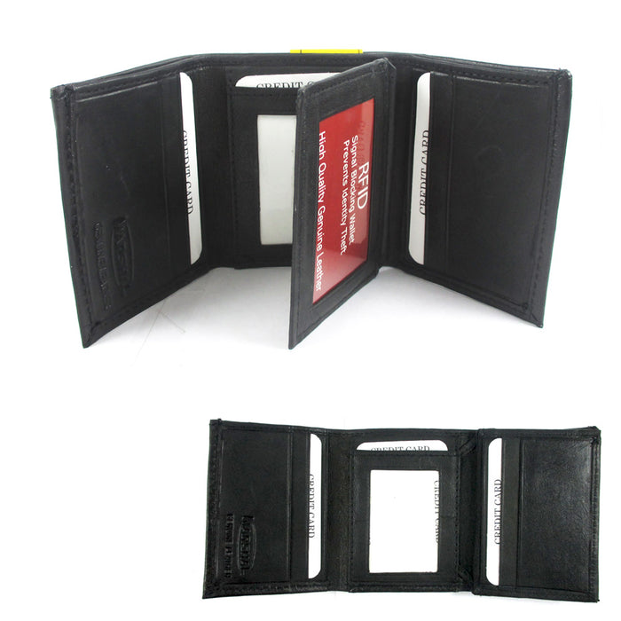 Mens Genuine Leather Trifold Wallet Slim RFID Blocking Black ID Holder Window