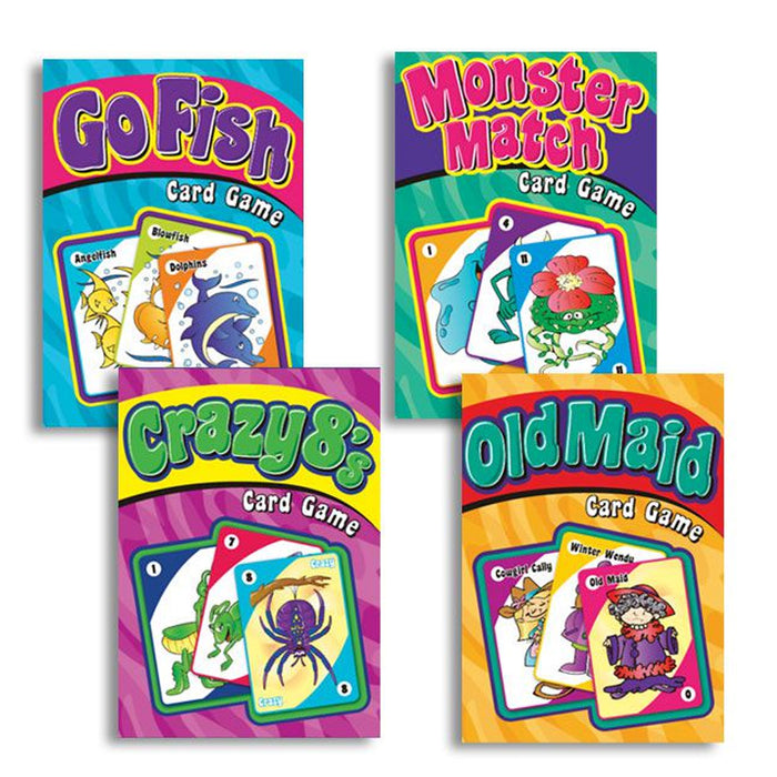 4 X Classic Childrens Card Games Crazy 8s Go Fish Monster Match Old Maid Kids