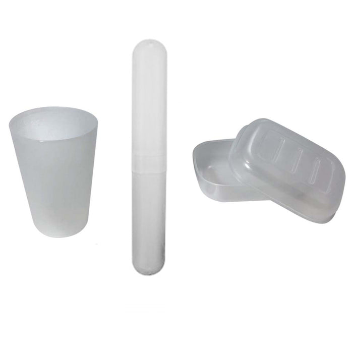 3 Pc Travel Set Containers Cup Bathroom Soap Dish Toothbrush Holder Organizer
