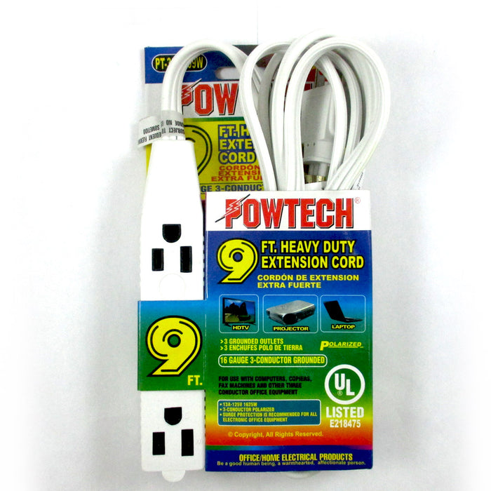 Power Extension Cord 3 Outlet 3 Prong UL Listed 16 Gauge 9 Ft Electrical Cable