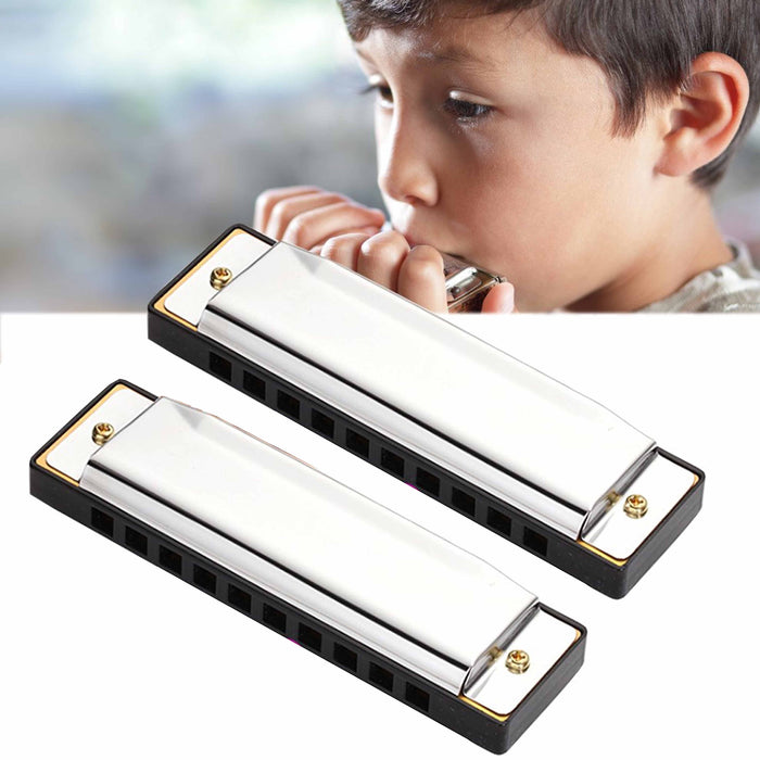 2 Pc Blues Harmonica Set 10 Holes Key of C Harp Metal Stainless Steel Silver Pro