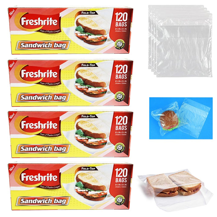 480 Fold Top Sandwich Snack Bags Food Storage Plastic Baggies Office Travel Home