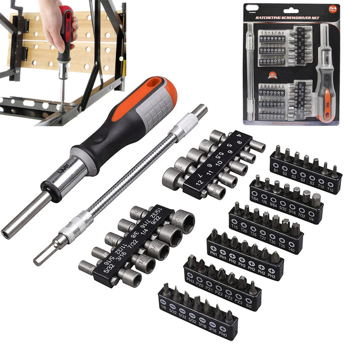 64 Pc Ratcheting Screwdriver Bit Set Flexible Extension Driver Ratchet Mechanic