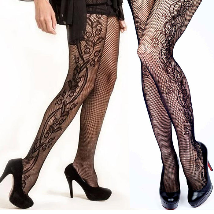 1 Women Plus Fishnet Stockings Pantyhose Floral Lace Inset Sexy Mesh Queen Size