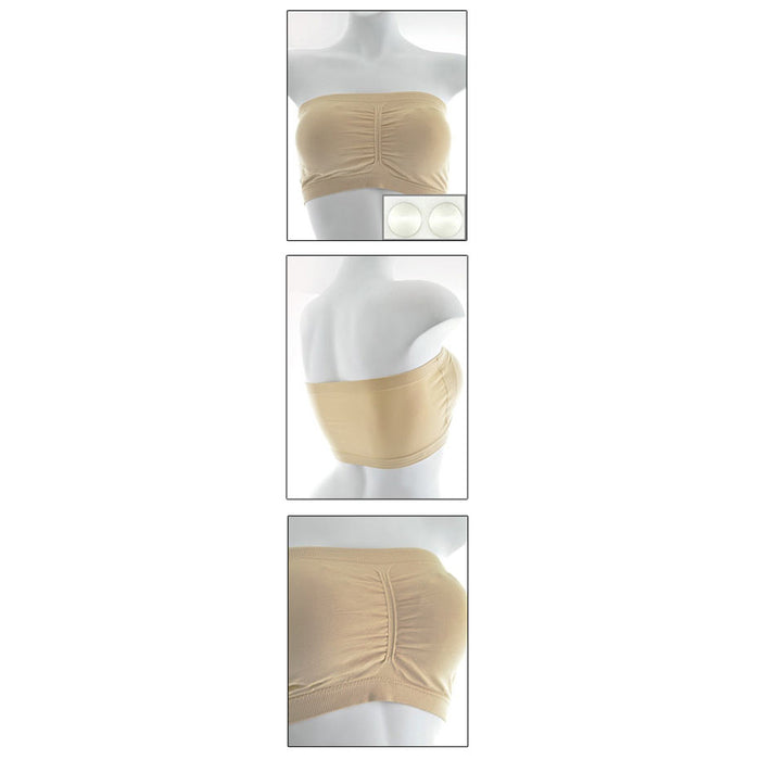 Womens Strapless Padded Bra Bandeau Tube Top Removable Pads Seamless Crop Khaki