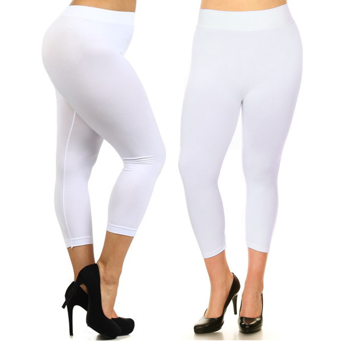 3 Pc Women Capri Leggings Plus One Size Stretch Pants Seamless Basic Yoga White