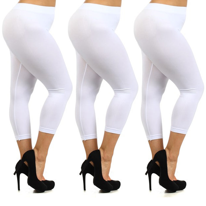 3 Pc Women Capri Leggings Plus One Size Stretch Pants Seamless Basic Yoga White