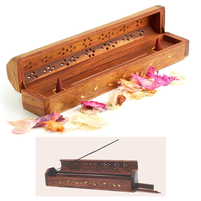 1 Pc Wooden Incense Burner Box Coffin Hinged Style Burning Sticks Cones 12 inch
