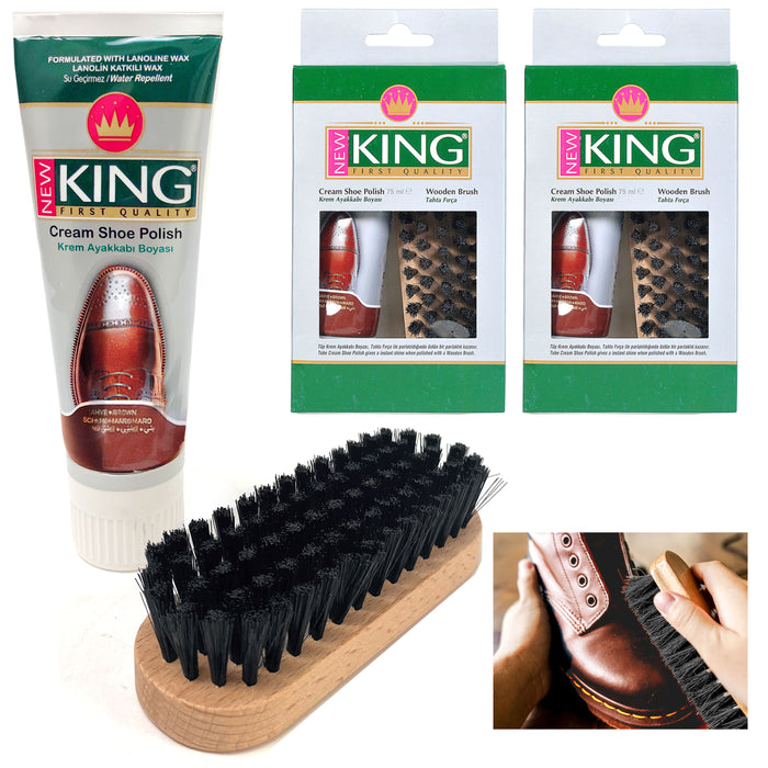 2 Sets Shoe Shine Boot Polish Kit Wooden Brush Leather Cream 75mL Finish Brown