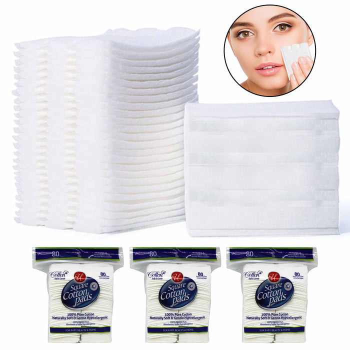 240 Ct Cosmetic Square 100% Cotton Pads Hypoallergenic Baby Makeup Nail Polish
