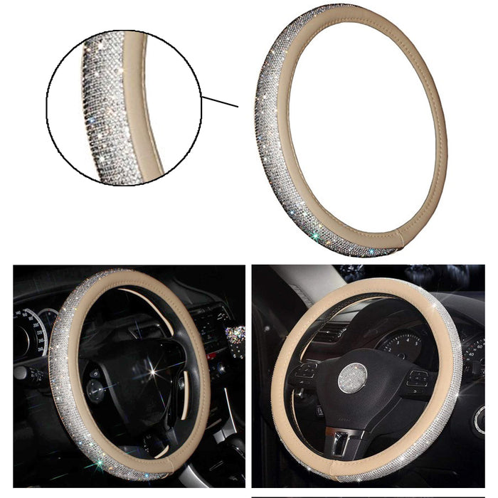 1 Luxury Diamond Studded Leather Steering Wheel Cover Auto Fits Most 15.5" Beige