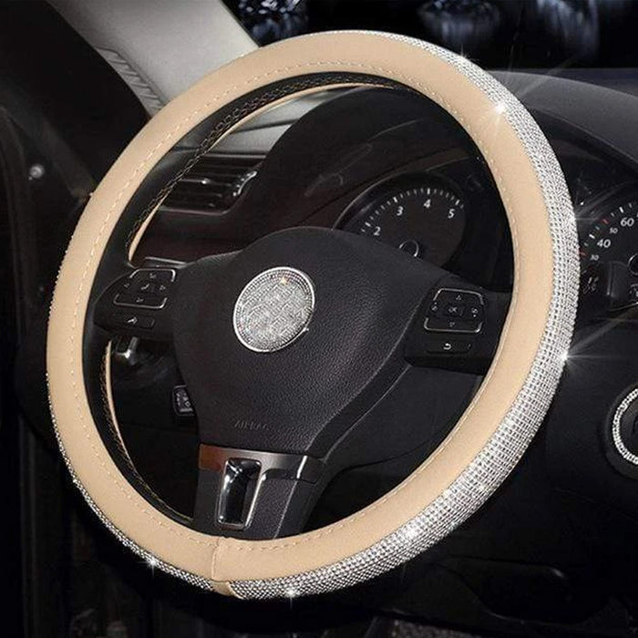 1 Luxury Diamond Studded Leather Steering Wheel Cover Auto Fits Most 15.5" Beige