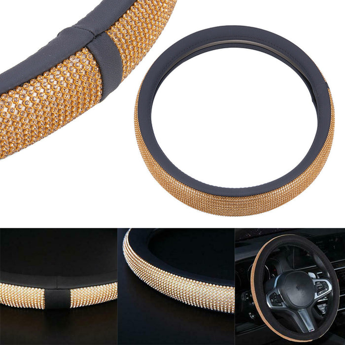 Bling Steering Wheel Cover Gold Crystal Diamond Leather Car SUV Wheel Protector