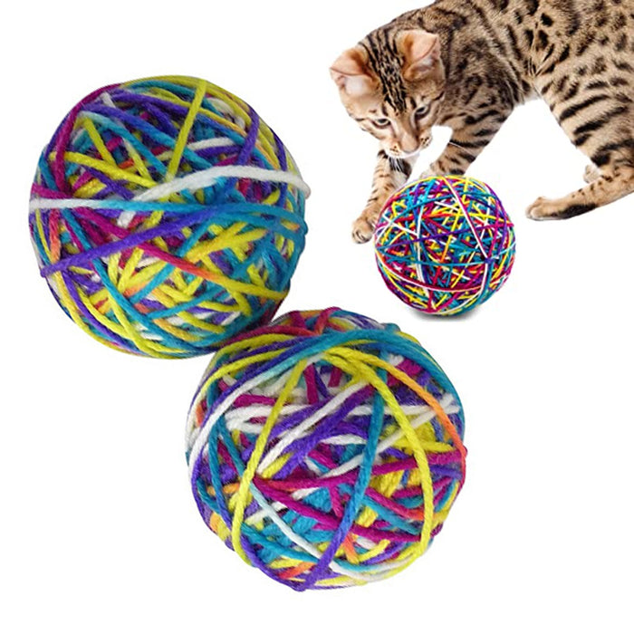 2 Pc Yarn Ball Bells Cat Toys Kitten Puppy Chase Round Play Rattle Colorful 4"