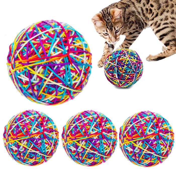 4 Pc Yarn Ball Bells Cat Toys Kitten Puppy Chase Round Play Rattle Colorful 4"