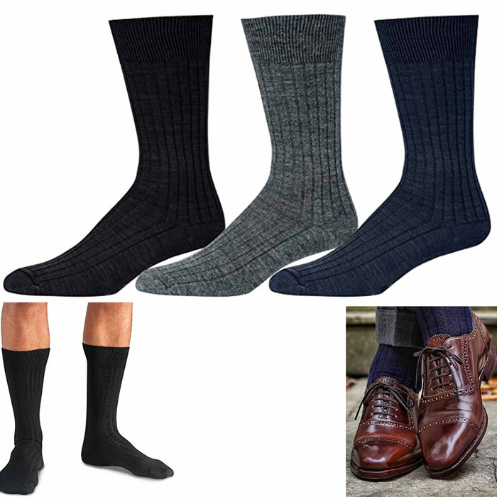 3 Pair Men Thin Cotton Lightweight Ribbed Dress Socks Calf Casual Assorted10-13