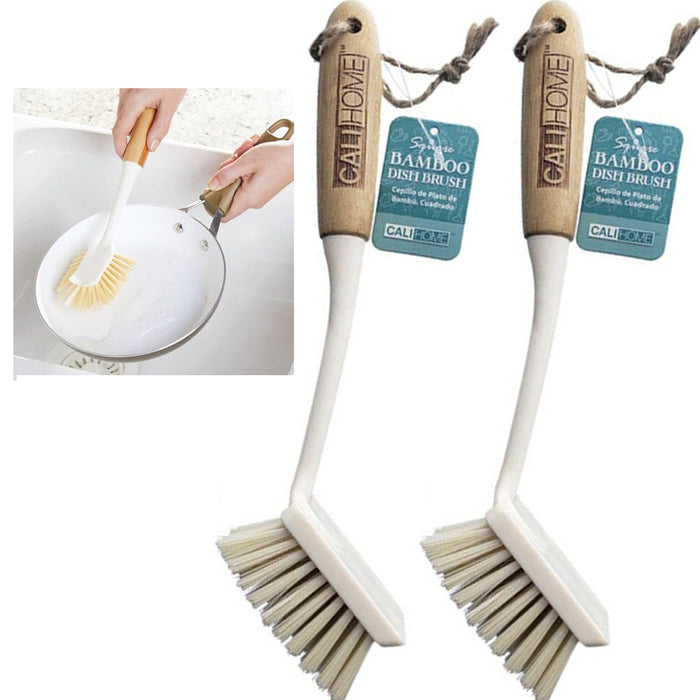 2 Pcs Bamboo Dish Brush Natural Wood Handle Kitchen Scrub Sink Wash Scrubber 11"
