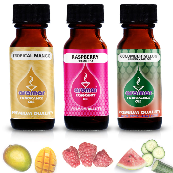 3 Pc Aromatherapy Scented Oils Mango Raspberry Cucumber Melon Fragrance 2oz 60mL