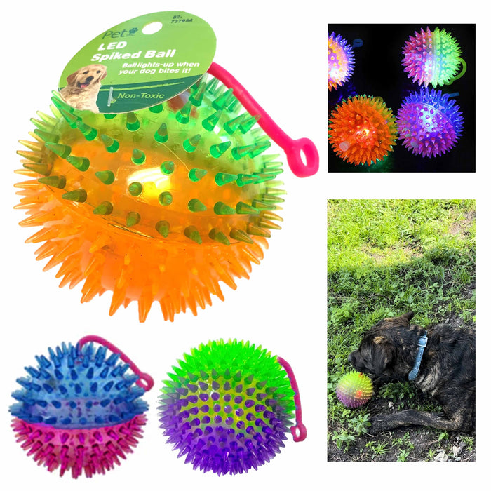 4 Pc Dog Toy Spike Balls Squeaky Flashing LED Light Up Bounce Pets Cat Large 5"