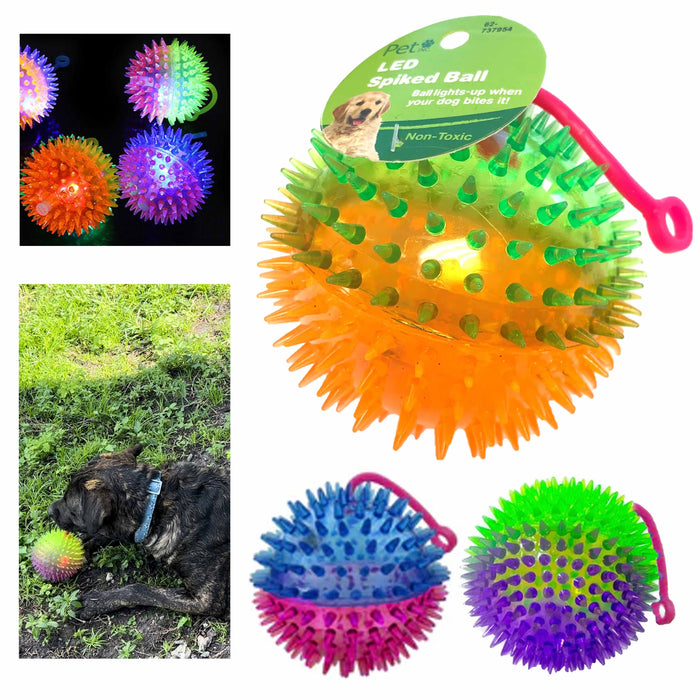 6 Pc Large Squeaky Spike Balls Flashing LED Light Up Pets Dog Puppy Cat Toy 5"