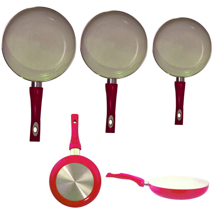 3 Non Stick Ceramic Coated Fry Pan Set Eco Red Healthy Cookware 8" 9.5" 11" New