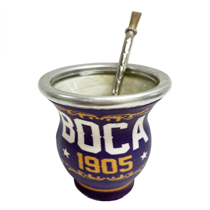 Mate Gourd Boca Juniors Glass Cup Straw Bombilla Set Yerba Tea Drink Argentina