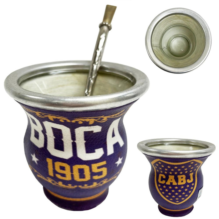 Mate Gourd Boca Juniors Glass Cup Straw Bombilla Set Yerba Tea Drink Argentina