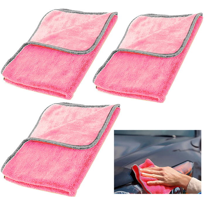 3 Microfiber Cloths Drying Towel Detail Wash Car Vehicle Washing 16" Pink Ribbon