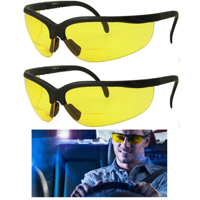 2 Bifocal Night Driving Sunglasses Riding Glasses Black Frame Yellow Lens +2.50