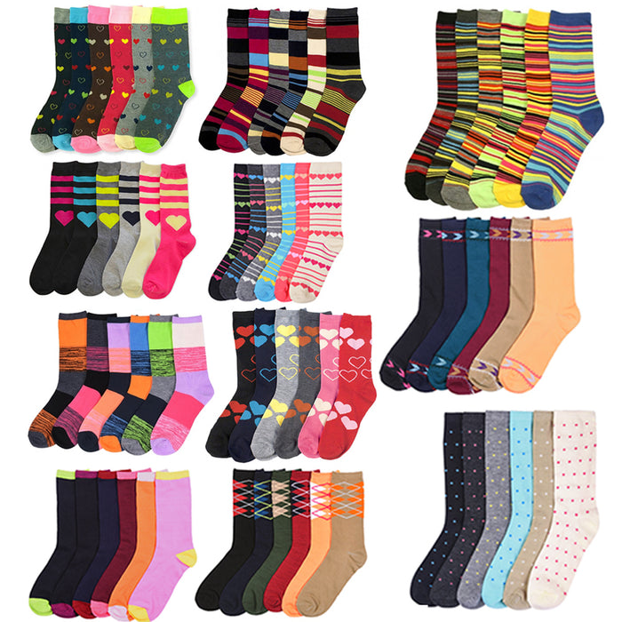 6 Pairs Fashion Crew Socks Womens Pattern Stripes Hearts Casual Size 9-11 Unisex