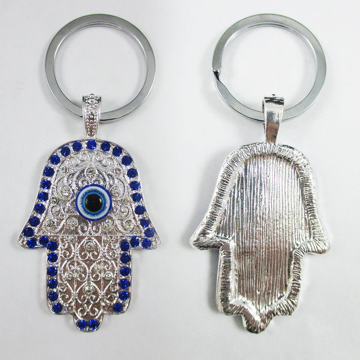 Blue Evil Eye + Silver Hamsa Fatima Hand Keychains Protection Good Luck Gift Set