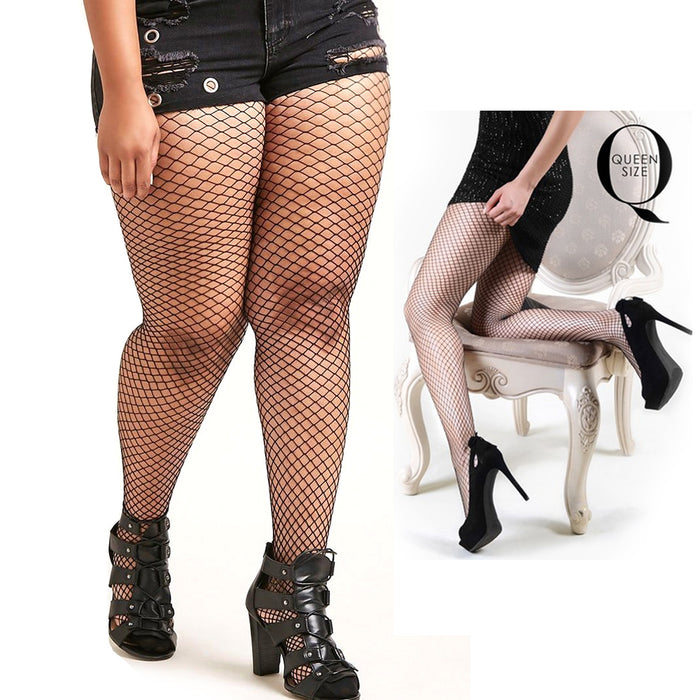 Women Plus Fishnet Stockings Pantyhose Small Gauge Sexy Mesh Stretch Queen Size