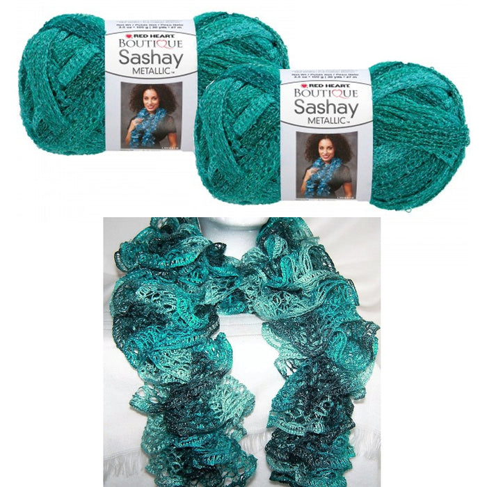2 X Crochet Yarn Malachite Metallic Sashay Knitted Scarf Green Teal Knit Aqua