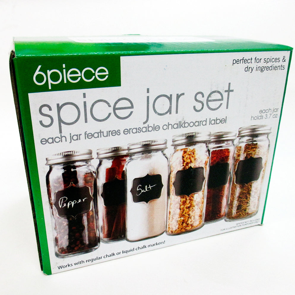 Set Of 6 Glass Spice Jars Chalkboard Storage Caps 3.7 Oz Clear Contain