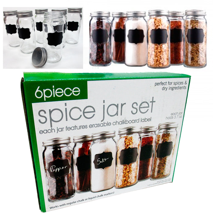 Set Of 6 Glass Spice Jars Chalkboard Storage Caps 3.7 Oz Clear Container Kitchen