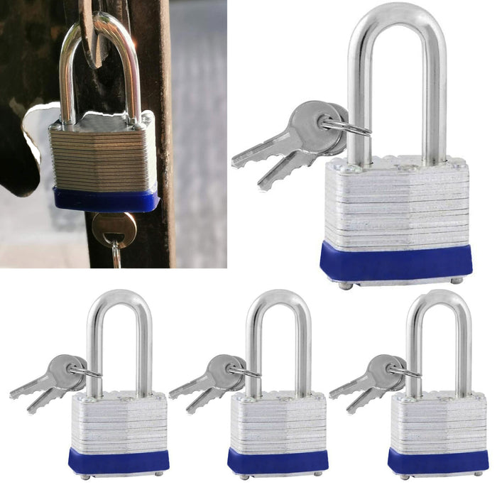 4 Pc 40mm Laminated Pad Locks Keyed Long Shackle Heavy Duty Hardened Steel Safe