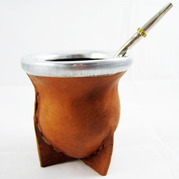 Argentina Mate Gourd Yerba Tea Brown Leather Covered Glass Bombilla Straw 119587