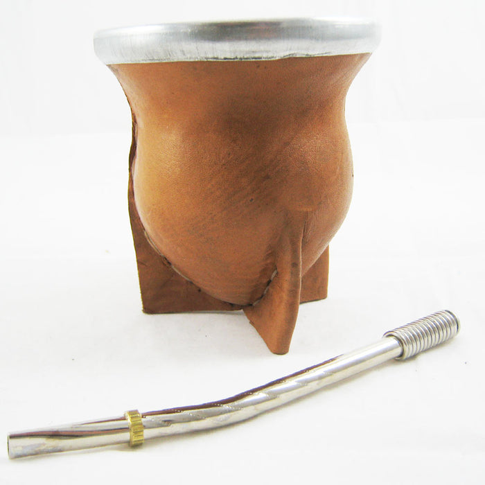 Argentina Mate Gourd Yerba Tea Brown Leather Covered Glass Bombilla Straw 119587