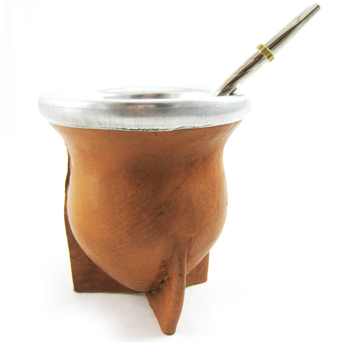 Argentina Mate Gourd Yerba Tea Brown Leather Covered Glass Bombilla Straw 119587