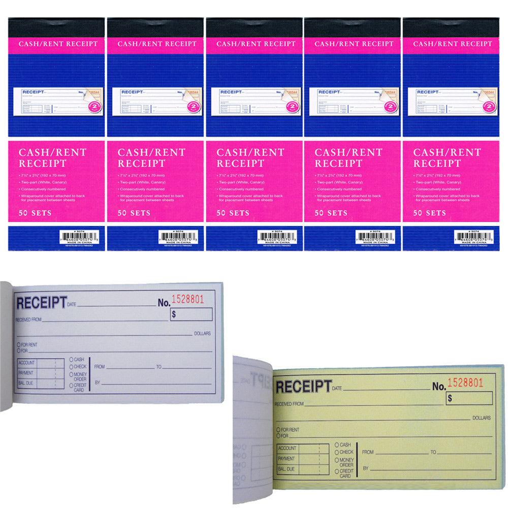5 x Carbonless Cash Money Rent Receipt Record Book 2 Part 50 Sets Dupl ...