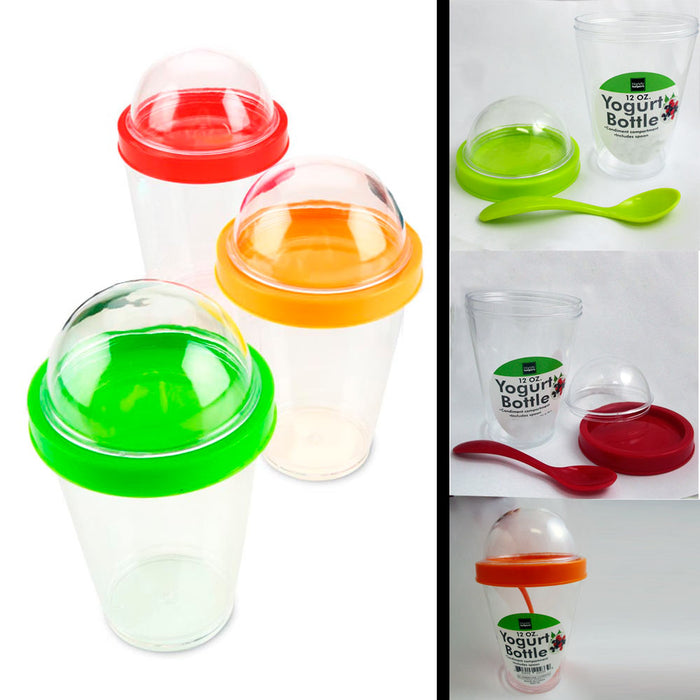 1 Yogurt Bottle Cup Storage Container Spoon Cereal Fruit Parfait Dome Lid 12 oz