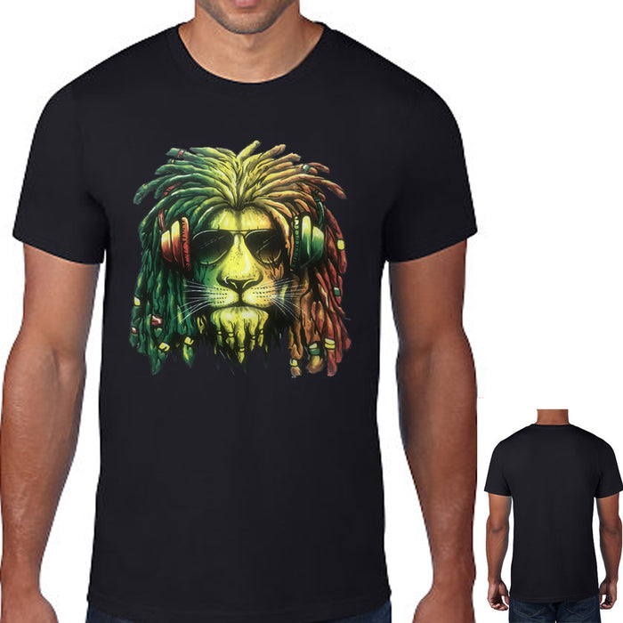Rasta Lion Headphones T-shirt Jamaican Reagge Rastafari Animal Music Shirt Blk S